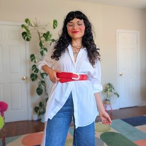 Vintage genuine red leather belt with gold buckle